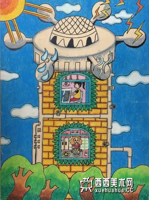 三等奖小学生获奖科幻画《节能楼》欣赏__科幻画_科幻画图片大全_学