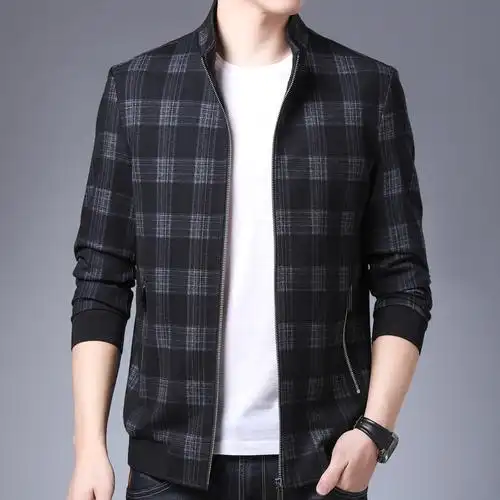 恒源祥立领格子外套春秋新款男士夹克青年上衣中年休闲茄克男装