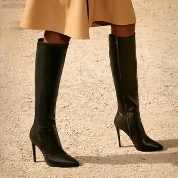 雅格罗伊女式真牛皮过膝细高跟长筒靴秋冬新款女士显瘦尖头长靴黑色