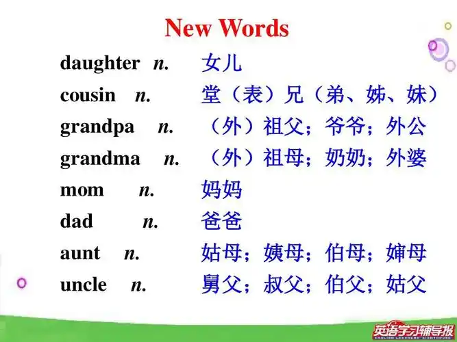 女儿 cousin n. grandpa grandma mom dad aunt uncle n. n. n. n.