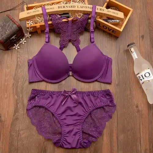 少女前扣文胸蝴蝶蕾丝性感美背聚拢小胸文胸套装无痕内衣内裤厚薄