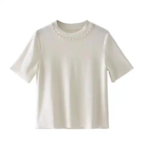 2018春夏新款欧洲站欧美名媛小香风珍珠饰软质修身百搭短袖t恤女