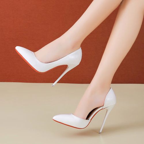 测空高跟鞋漆皮黑色工作职业浅口细跟单鞋 白色12厘米(测空)超细跟