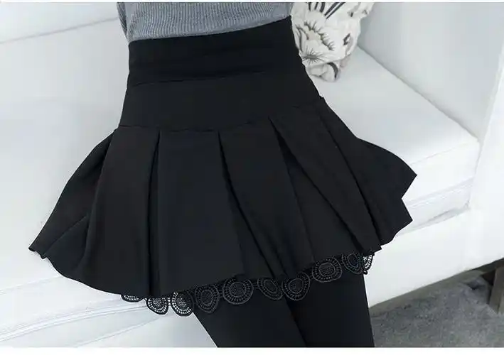 袜冬季小个子打底裤带裙假两件女加绒加厚踩脚百褶裙裤一体外穿黑色