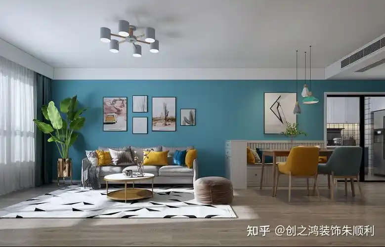 109㎡清新北欧风,客厅孔雀蓝加原木的配色真的太绝了! - 知乎