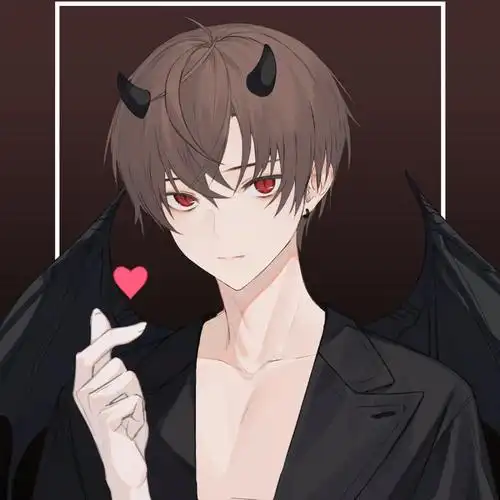 参考例图日系帅气男,天然卷棕发,红色小恶魔角,尖牙,红色瞳孔帅就完事