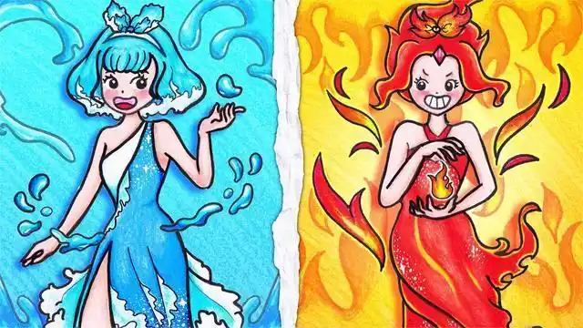趣味定格动画火公主vs水公主的冷热元素给她们制作漂亮礼服