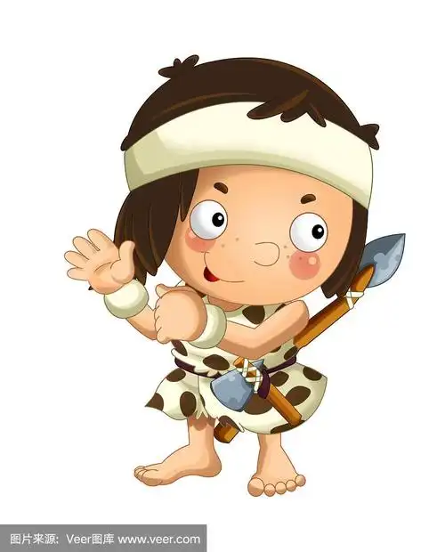 卡通场景与快乐的原始人野蛮战士与矛在白色的背景