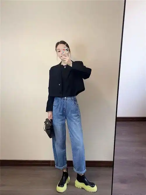 簘蕥烟筒靴女新款真软皮百搭圆头英伦风短筒靴厚底中筒切尔西靴牛油果