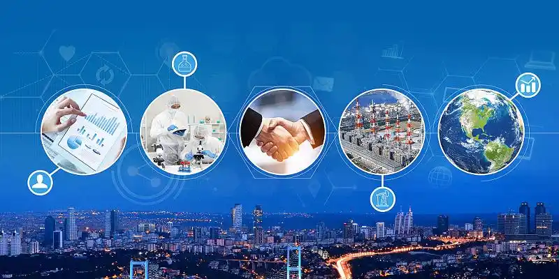 蓝色科技感合作握手共赢商务金融产业城市发展背景产业发展