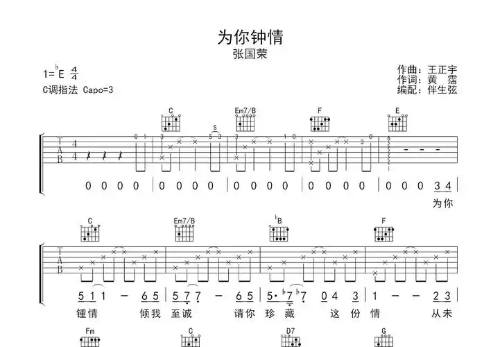 为你钟情吉他谱_张国荣_c调弹唱吉他谱61%原版 - 吉他世界