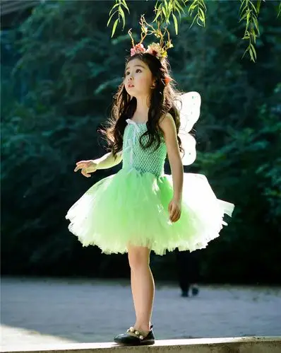 新款女童万圣节礼服表演套装儿童花精灵装扮绿色翅膀走秀小仙女裙