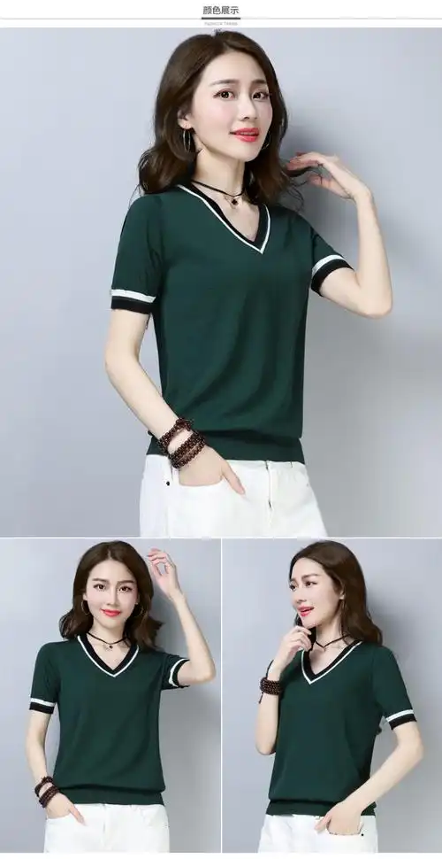 妈妈夏装洋气短袖v领上衣中年女装气质减龄显廋中老年