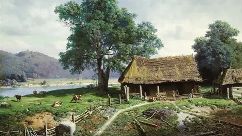 艺术画,农场,农民,房子,农村,牛,河,树木 iphone 壁纸