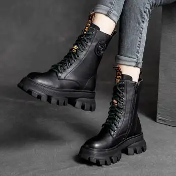 马丁靴女头层牛皮中筒靴女2021秋冬季新款女鞋子短靴厚底英伦风皮鞋
