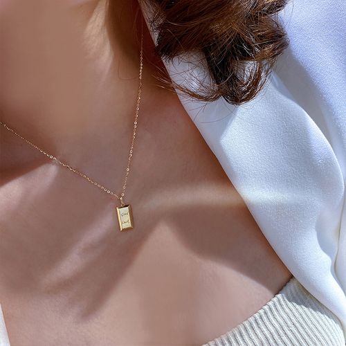 韩国流行14k黄金项链女 简约几何金砖字母精致素金锁骨链坠吊坠