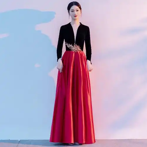大合唱团演出服女长裙主持人指挥晚礼服诗歌朗诵红歌黑红拼接服装