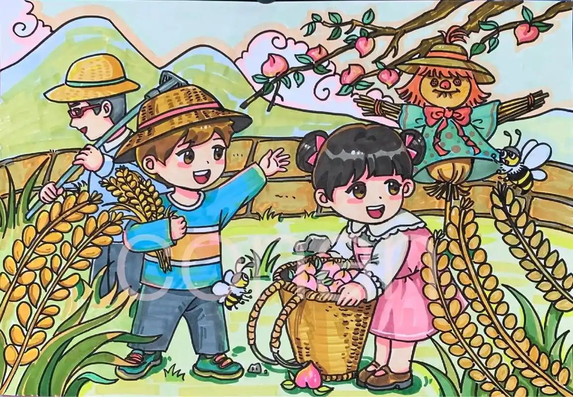 丰收主题画.#手绘 #丰收的季节 #画画 #马克笔手绘 #秋 - 抖音