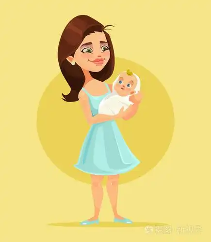 妈妈的性格手上抱着小的孩子.矢量平面卡通插画