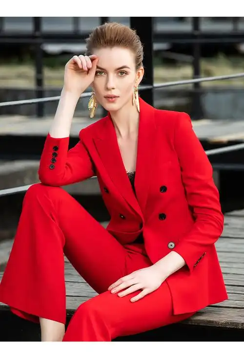 时尚红色西装套装女双排扣名媛宴会正装气质主持人上镜装ol西服 单件