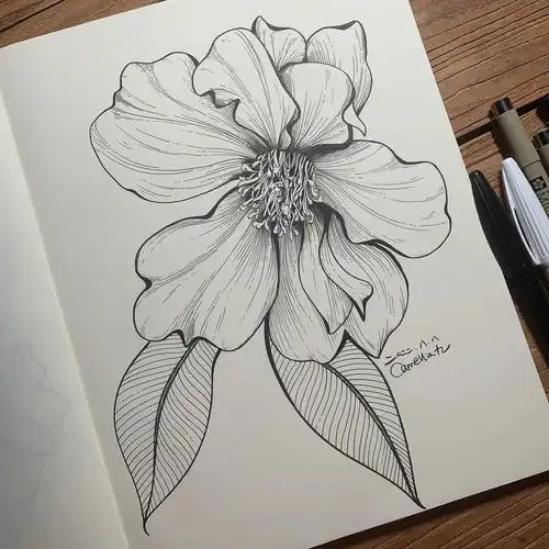 我的山茶花系列  #黑白花卉线描  #画画  #针管笔手绘  #山茶花