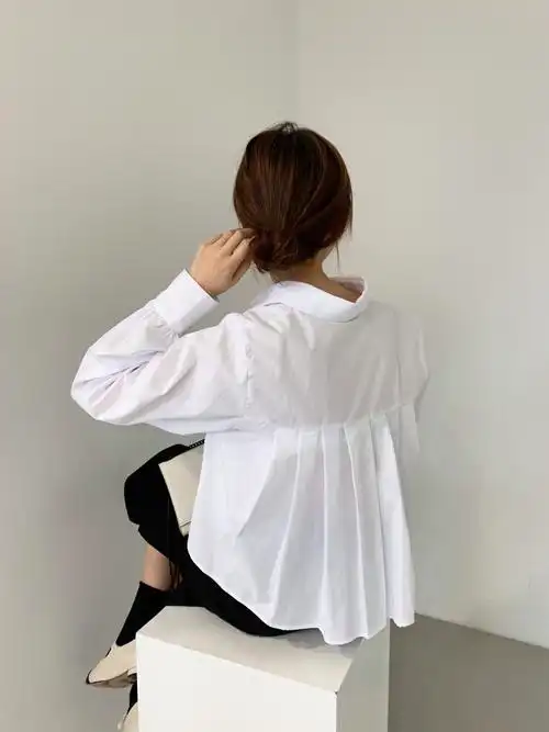 月袖韩国chic早秋气质翻领小心机后背百褶下摆宽松规则长袖衬衫上衣