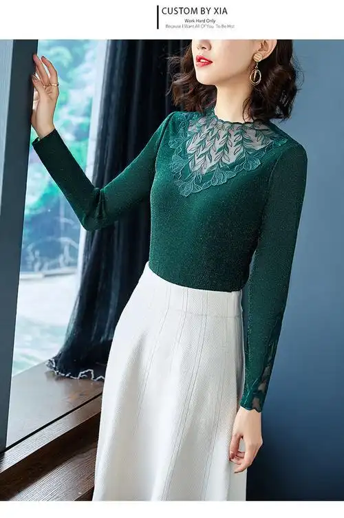 大气小高领漂亮打底衫女长袖秋冬季美体镂空蕾丝网纱秋衣大码妈妈上衣