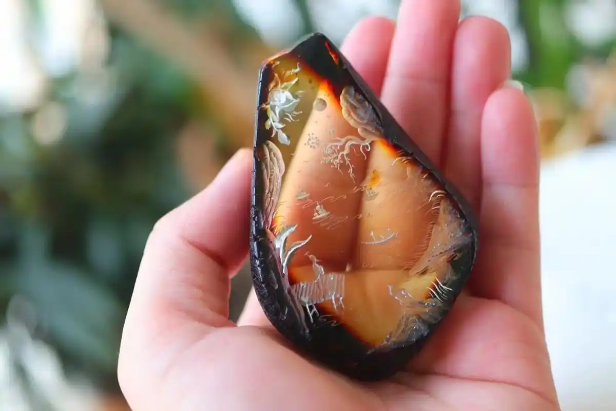 净水琥珀切片 阴雕 山水画 50g 79.9x52.5x20 - 抖音