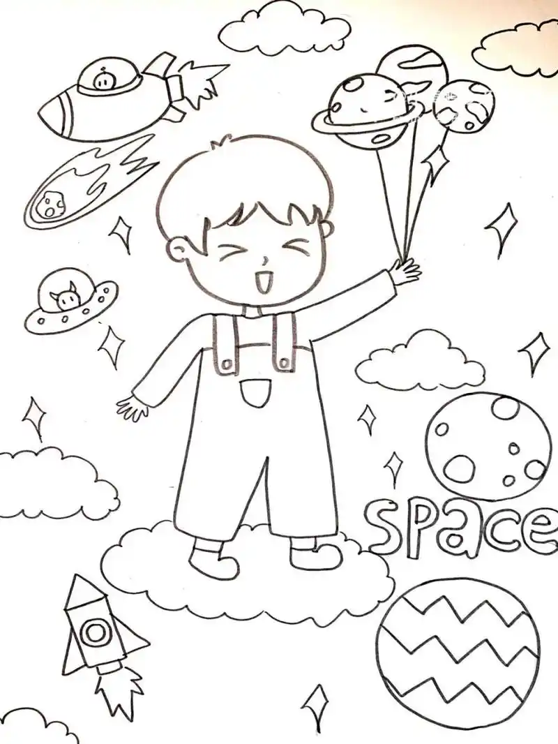 马克笔# #卡通画# #儿童画# #太空主题画# #太空人儿童画# #男生简笔