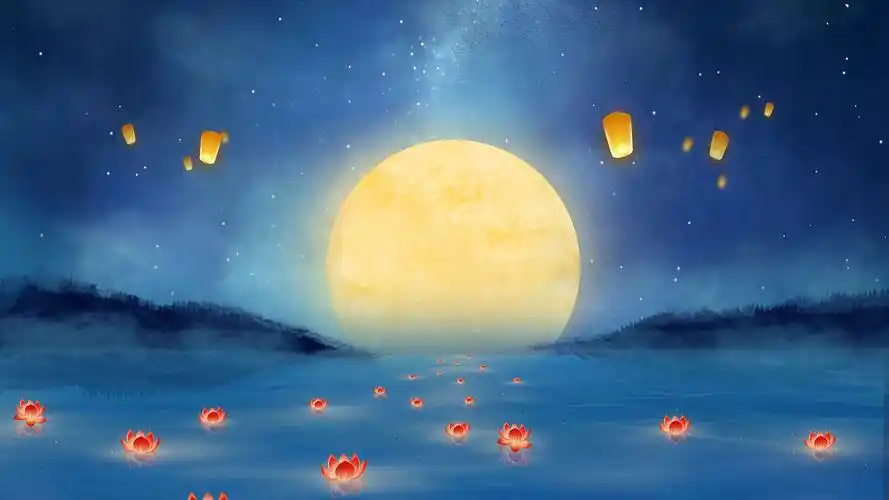 4k深蓝色手绘唯美星空河灯中元节放孔明灯背景中元节背景