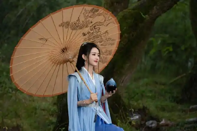 照#赵丽颖 在新剧《与凤行》中的撑伞剧照,展现了独特的古风侠客造型