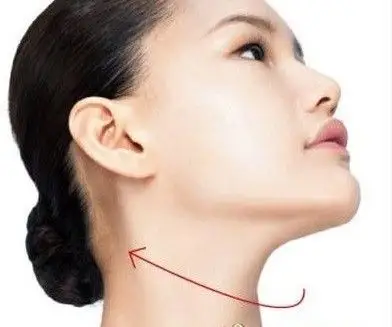 step2:然后慢慢将下巴抬起,感觉下颚及颈部肌肉被拉伸,保持1分钟,轻轻