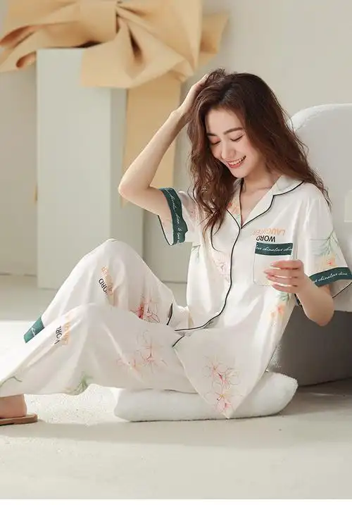 莫代尔冰丝睡衣女夏季套装凉快家居服丝绸仿真丝薄款夏天可外穿新款r