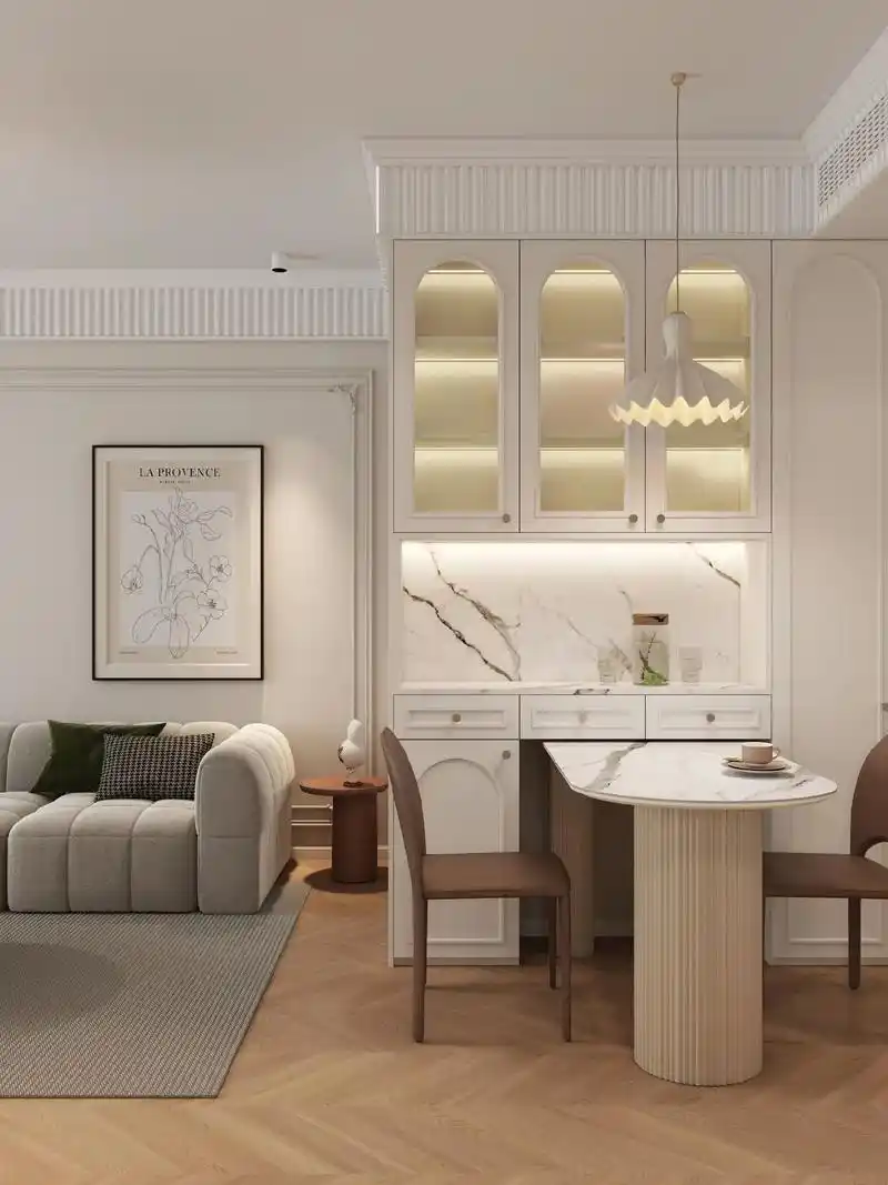 法式奶油的一套小户型餐厅方案.最后有附尺寸图.这套面积很小, - 抖音