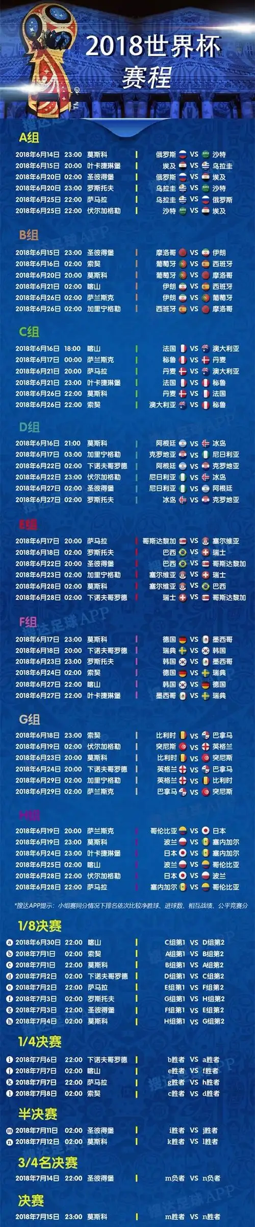 2018年足球世界杯赛程表