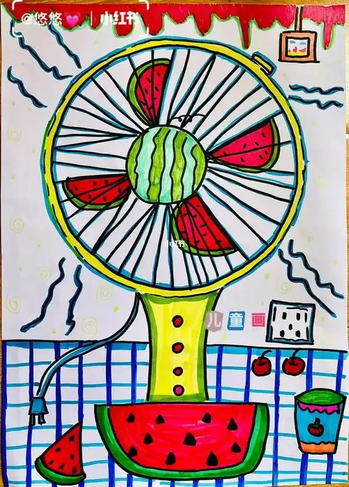 儿童创意画适合幼儿园大班美术作品夏天必备的电风扇