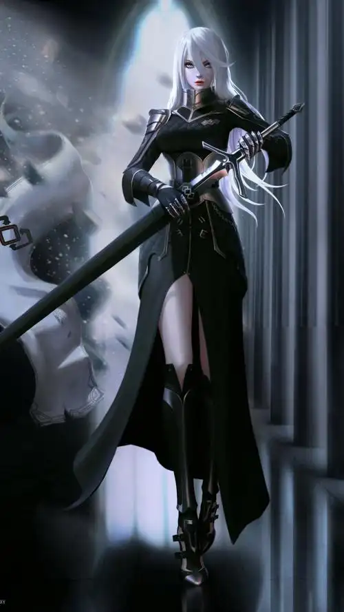 穿黑披风拔剑的长发动漫女剑士,高清图片,手机壁纸
