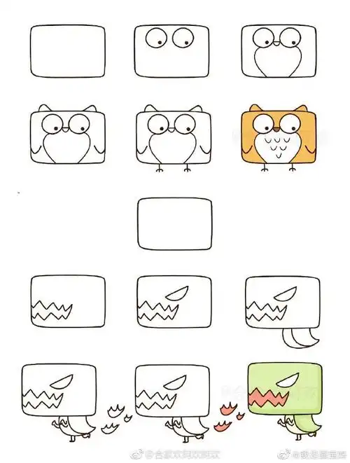 育学园亲子#【方形小动物简笔画】从正方形延伸出来的可爱简笔画