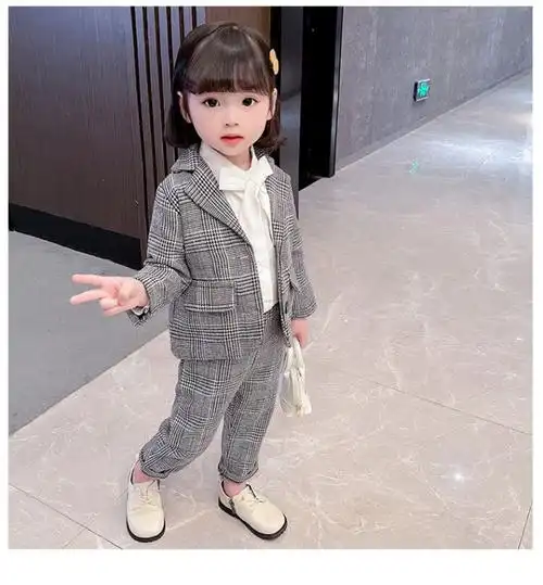 儿童西装女童套装小孩秋装2021新款格子西服春秋女外套中小童女孩小孩