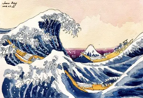 浮世绘海浪钢笔淡彩临摹