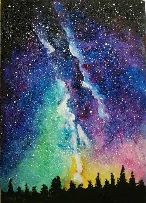 这种星空水彩各种炫彩颜料泼在纸上最下面用黑色画剪影拿牙刷蹦几