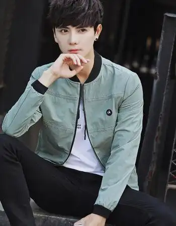 春秋夹克男薄款韩版修身外衣 2018新款青年秋季潮流帅气男士外套 浅绿