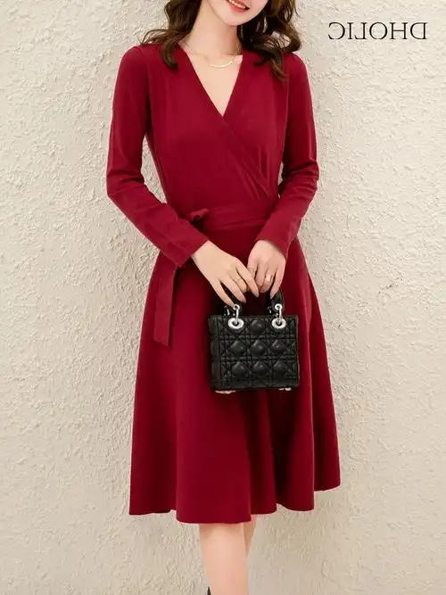 日本gk日系名品新款长袖红色羊毛针织连衣裙连衣裙