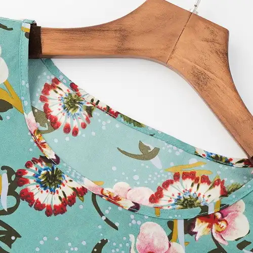 五分袖圆领印花雪纺衫上衣,系带薄款小衫复古印花无袖连衣裙套装,大方