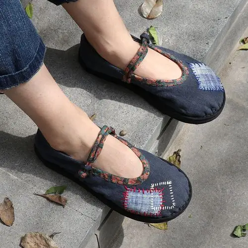 手工做旧补丁复古圆头一字带盘扣手工鞋文艺手纳千层底布鞋夏优惠券