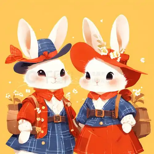 两个穿着衣服的小兔子的插画