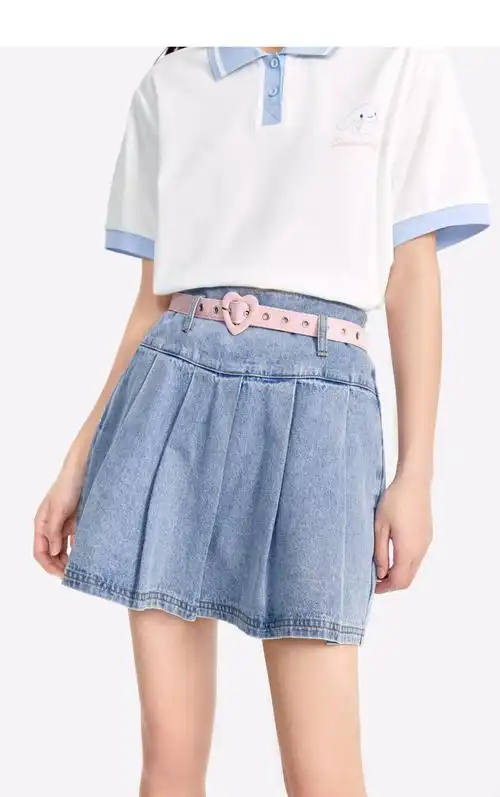 47新品乐町俏皮牛仔百褶裙2022春夏新款女装半身裙基础少女牛仔蓝现货