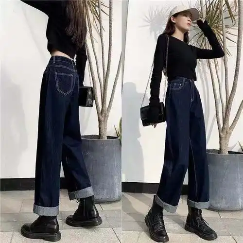 直筒韩版加厚牛仔裤女宽松秋冬季深蓝色老爹高腰显瘦阔腿裤子外穿