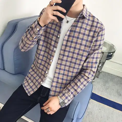 以纯衬衫男长袖 格子_官方旗舰店以纯男装格子衬衫男学生长袖休闲男士