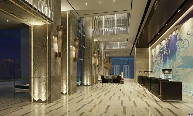 主题酒店服务台镜面吊顶装修效果图 主题连锁酒店前台接待处镜面天花